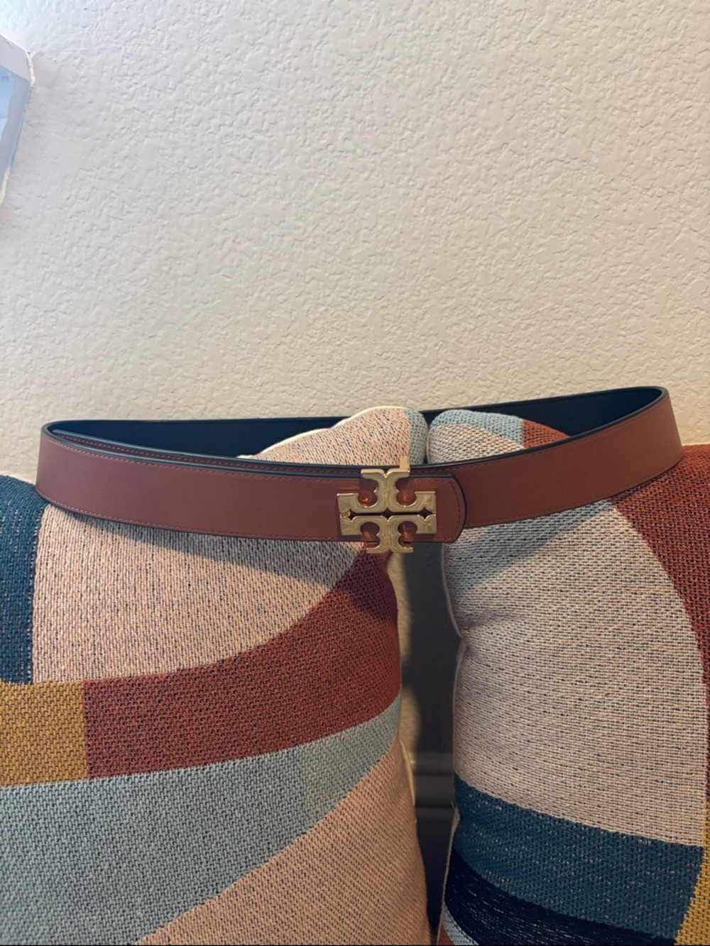 Tory Burch Tan Leather Belt with Gold Logo Buckle - Reversible